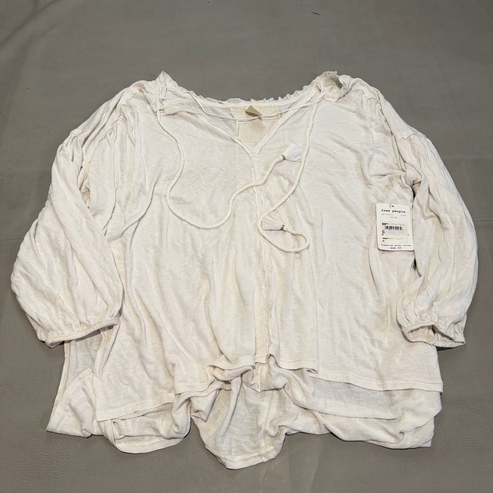 Free People OB758410 White Tassel‎ Tie Neck Oversize Blouse Peasant Top-S-6284